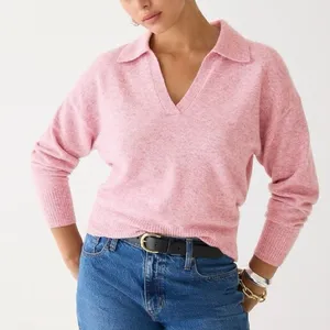 J. Crew Wool Collared V-neck Pink Sweater in Supersoft Yarn thumbnail 1