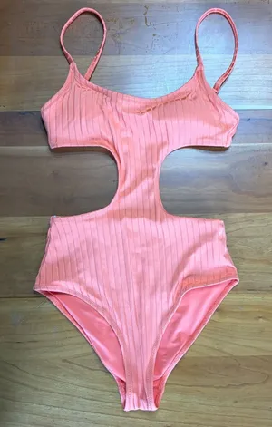 Aerie Ribbed Cut Out One‎ Piece Swimsuit Coral Peach XXS Full Coverage Monokini thumbnail 1