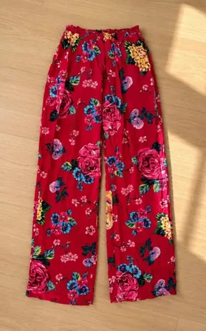 Pink Floral Wide Leg Pants Elastic Waist Tropical Lounge Resort Pants thumbnail 1