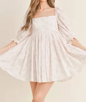 Mabel Floral Puff Sleeve Square Neck Mini Dress White Pink Cottagecore S thumbnail 1