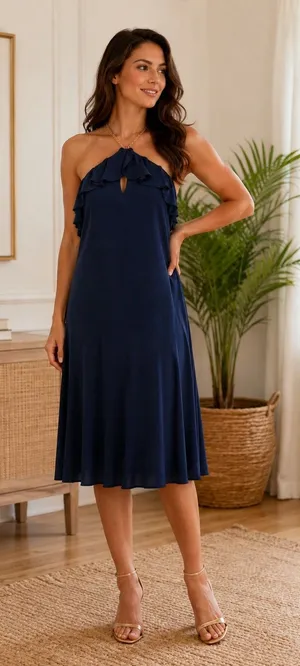 Lauren Ralph Lauren Navy Halter Cocktail Dress Gold Chain Neck Keyhole 8 thumbnail 1