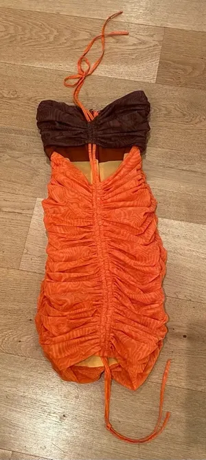 Mistress Rocks let Me Go Chocolate Orange Print Ruched Halter Mini Dress Size XS thumbnail 1