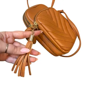 Boutique Womens Zipper Pocket‎ Crossbody Purse Caramel Brown Faux Leather Travel thumbnail 2