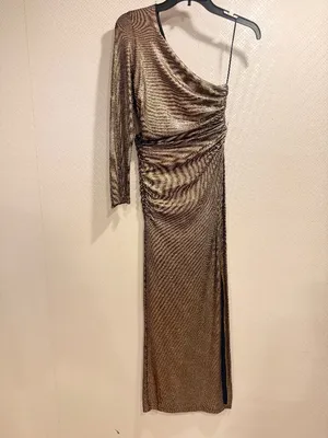 NWT Zara Metallic Bronze One Shoulder Ruched High Slit Asymmetrical Maxi Dress S thumbnail 4