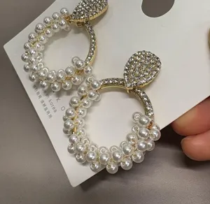 Sparkly Pearl Hoop Earrings Gold Rhinestone Teardrop Studs Elegant Statement new thumbnail 2