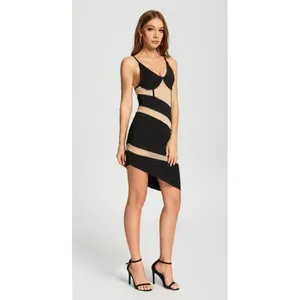 Mesh Asymmetrical Semi Sheer Dress in Black & Nude thumbnail 4