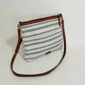 FOSSIL Fiona Blue WhiteStripe Large Crossbody Bag Purse Brown Faux Leather thumbnail 3