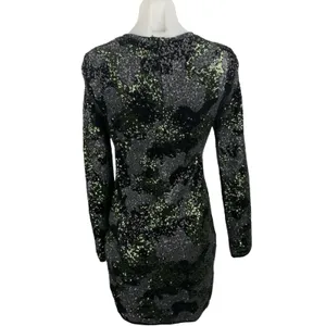 Zara Black Green Camo Sequin Sparkly Long Sleeve Crew Neck Mini Bodycon Dress M thumbnail 4