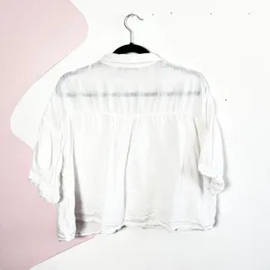 Zara Button Up Shirt Women's‎ Large White Linen Cropped Relaxed Fit Coastal Boho thumbnail 2