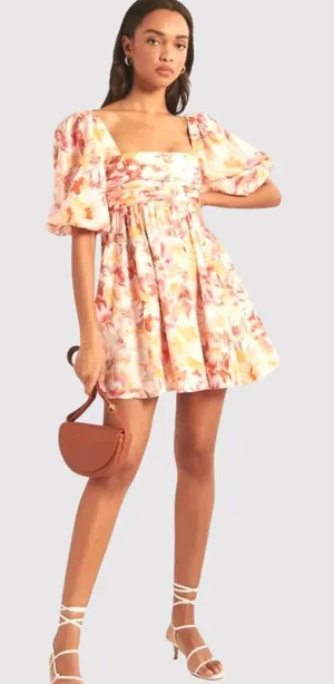 Abercrombie Fitch Mini Dress Beige Emerson Poplin Puffed Boho Medium Petite thumbnail 1