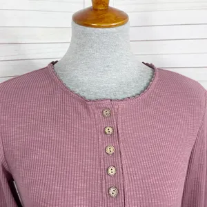 Ribbed Knit Lace Cuff Long Sleeve Henley Shirt‎ Mauve Dusty Rose Size Large thumbnail 6