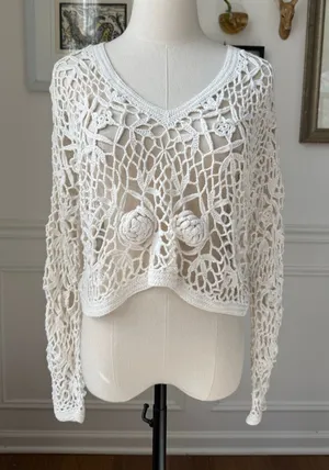 Vintage 90s Y2K One Step Up Ivory Open Knit Crochet Long Sleeve Crop Top OSFM thumbnail 1