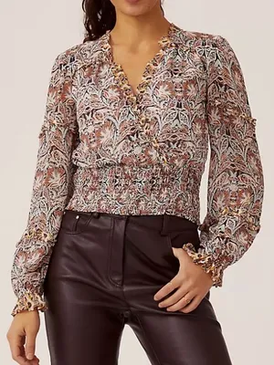 EUC Anthropologie Ruffled Smocked Surplice Top Floral Size Medium thumbnail 4