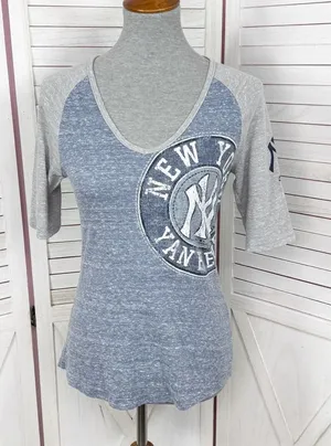 Majestic Official MLB New York‎ Yankees V Neck Slub Tee Shirt Blue Grey Medium thumbnail 1