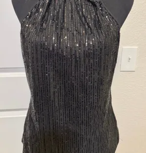 NWOT Black Sequin Stretch Halter Top Size M thumbnail 1
