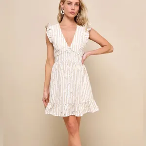 Lulus Sunny Crush Striped Embroidered Mini Dress Beige/Ivory M NWT IN PACKAGE thumbnail 3
