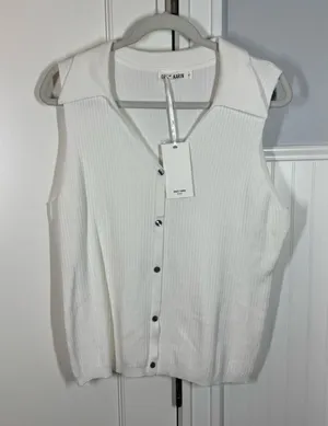 Grace Karin White Ribbed Sleeveless Button-Down Top‎ minimalist old money new xl thumbnail 1