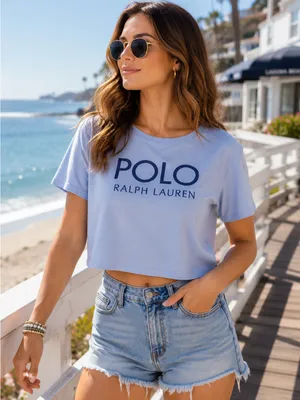 Polo Ralph Lauren blue oversized cropped logo t-shirt‎ women's small thumbnail 1