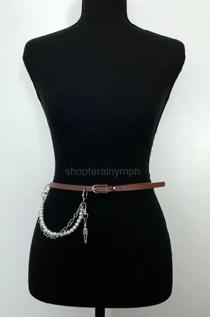 Vintage Y2K Whimsygoth Skeleton Pearl Chain Belt, Fits 33–36 Inches, X7GA1193 thumbnail 1