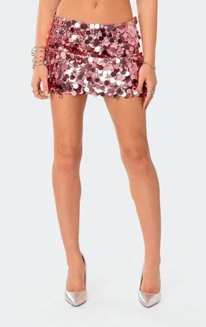 Edikted Sabina Low-Rise Sequin Mini Skirt in Pink. Size XL thumbnail 2