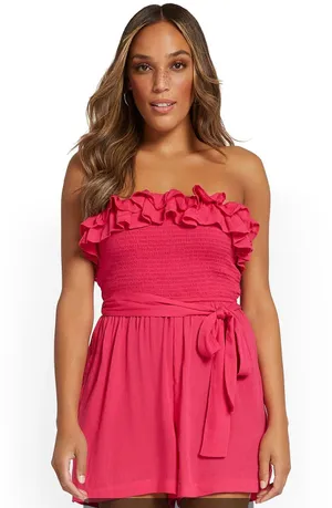 NWT New york & company Pink Strapless Tie-Waist Ruffle Romper thumbnail 2