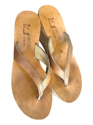 K. Jacques St. Tropez Cork Wedge Thong Sandals Brown Gold Leather EU 38 thumbnail 4