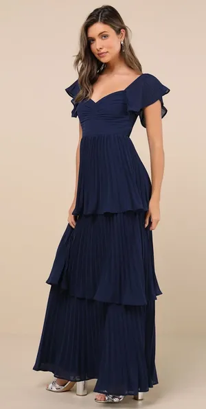 NWT Lulus Notorious Charm Navy Blue Pleated Flutter Sleeve Maxi Dress Gala Sz L thumbnail 1