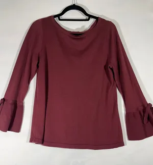 LOFT Knit Bell Sleeve Tie Detail Sweater Top‎ Women's M Maroon Office Wear Girly thumbnail 1