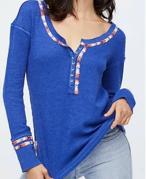 Free People We the Free‎ Blue Rainbow Embroidered Thermal Top Medium Cottagecore thumbnail 1