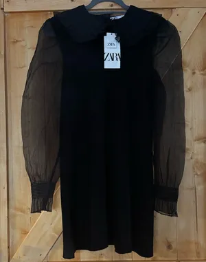NWT Zara Black Knit Mini Dress Organza Sleeves ruffled Peter Pan collar Size‎ S thumbnail 1