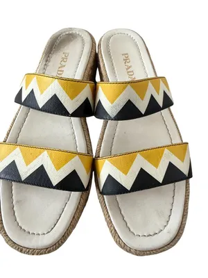 PRADA Zig Zag Beige Yellow Leather Platform Espadrilles Sandals Size 37.5 US 7.5 thumbnail 8