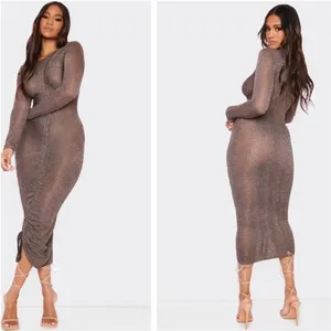 PrettyLittleThing NWT 59O Chocolate Textured Ruched Long‎ Sleeve Midi Dress Sz 4 thumbnail 2