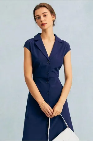 RIHOAS The Navy V Neck Button Cap Sleeve Midi Dress XS 22 thumbnail 2