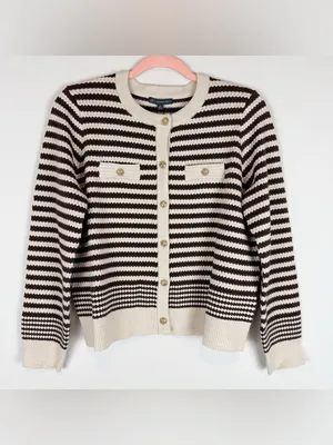 NWT Adrianna Papell Button Front‎ Striped Pointelle Cardigan Sweater Cream Brown thumbnail 6