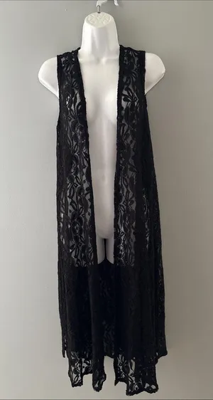LuLaRoe Lace Open Front Duster Size S Black Cardigan Vest Rave Festival Witchy thumbnail 1