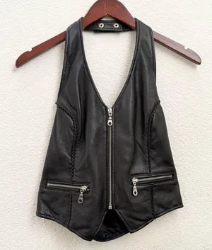Vintage FIRST Black 100% Genuine Leather Biker Vest Women’s Halter Vest Size M thumbnail 4
