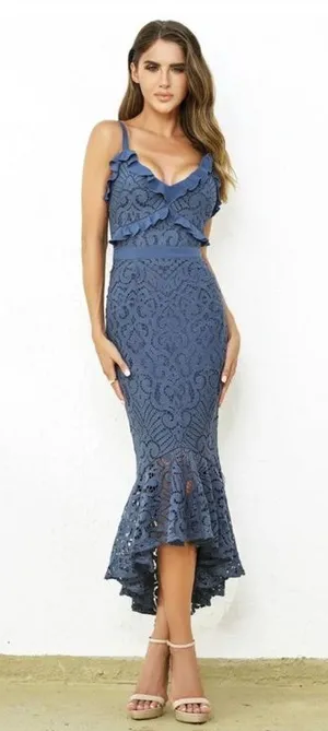 Lady Black Tie Navy Blue Lace Ruffle Detail Midi Dress Size 2 thumbnail 1