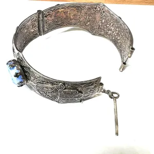 Vintage sterling silver cuff bracelet filigree embossed camel blue stone inlays thumbnail 3
