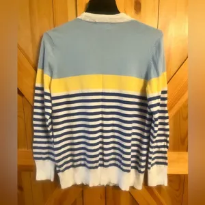 BASIC EDITIONS Blue/yellow/White striped v-neck cardigan sweater size M thumbnail 2