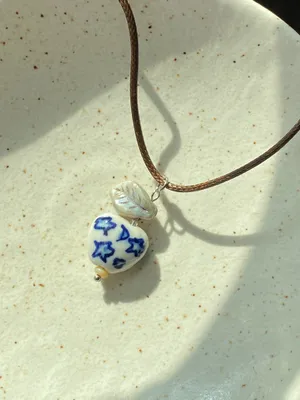 Handmade celestial porcelain heart bead & Czech leaf unique boho fairy whimsical necklace🌙🌀🌟 thumbnail 4