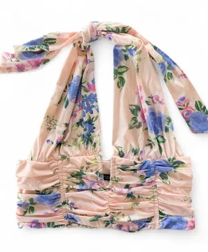 Zara Floral Halter Crop Top Pastel Peach Pink Ruched XS thumbnail 1