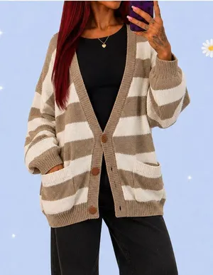 Vintage 90s neutral striped cardigan 16th Street cozy oversized size small thumbnail 1