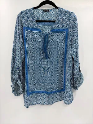 Tolani Blue Silk Medallion Print Boho Tassel Tie Blouse boho Top size large thumbnail 6