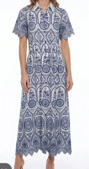 Elie Tahari Navy and White Lace-eyelet Pattern Midi‎ Dress medium thumbnail 1