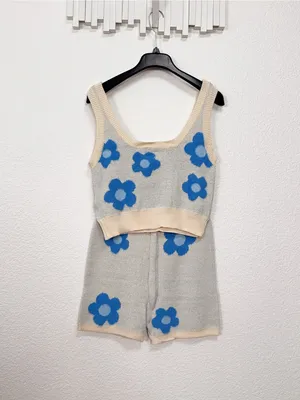 Miss Sparkling Blue Floral Knit Tank Shorts Set XL Two Piece Lounge Matching Set thumbnail 4