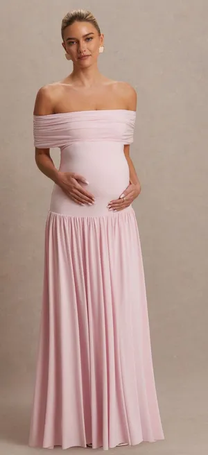 Club L Juliette Blush Pink Bardot-Neck Maternity Maxi Dress With Drop-Waist thumbnail 1