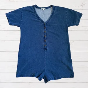 Z Supply Enid Romper Indigo Knit Denim Button Front V Neck Pockets S Minimalist thumbnail 2