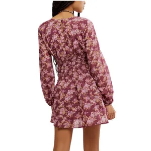 Free People Keep You Floral Moni Dress Plunging Neckline Long Sleeve Smocked thumbnail 2