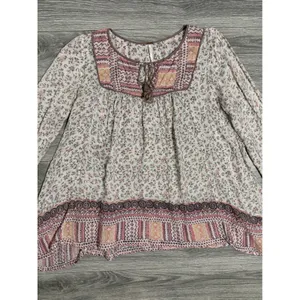Free People Blouse S Floral Metallic Tassel Peasant Blouse Pink Cream Cottage thumbnail 13