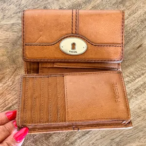 Vintage Fossil Cognac Brown Leather Trifold Wallet‎ Keyhole Snap Y2K Boho Rustic thumbnail 3